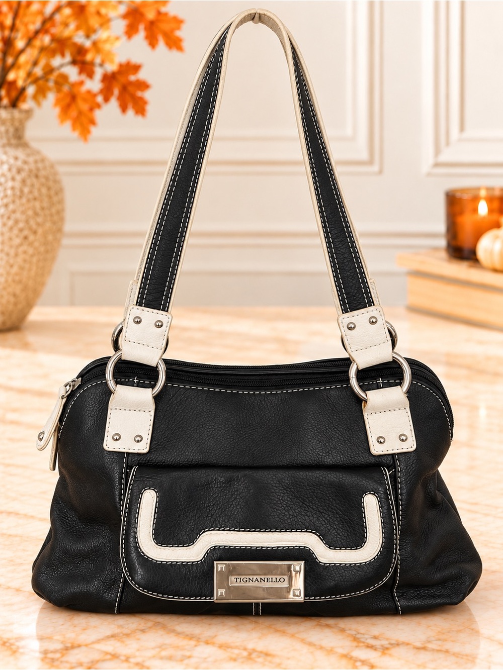 Tignanello Black White Leather Shoulder Bag Front Flap Zip Top tote